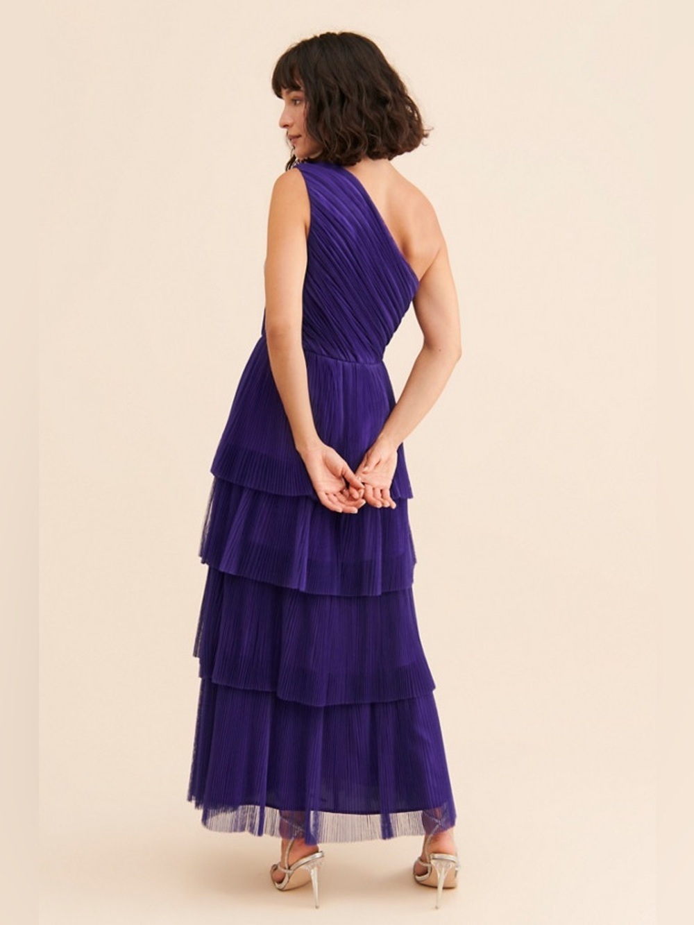 Anthropologie Hutch Xala One-Shoulder Tiered Pleated Purple Tulle Maxi Dress 6